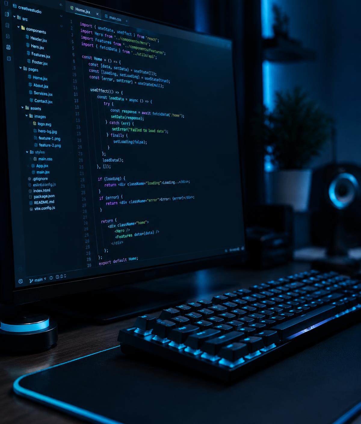 Code editor on a monitor beside a backlit mechanical keyboard