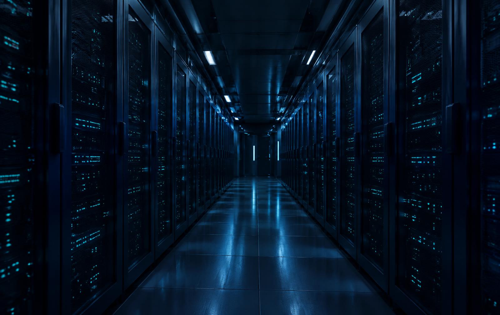 Long corridor of server racks lit by cyan status lights in a data center