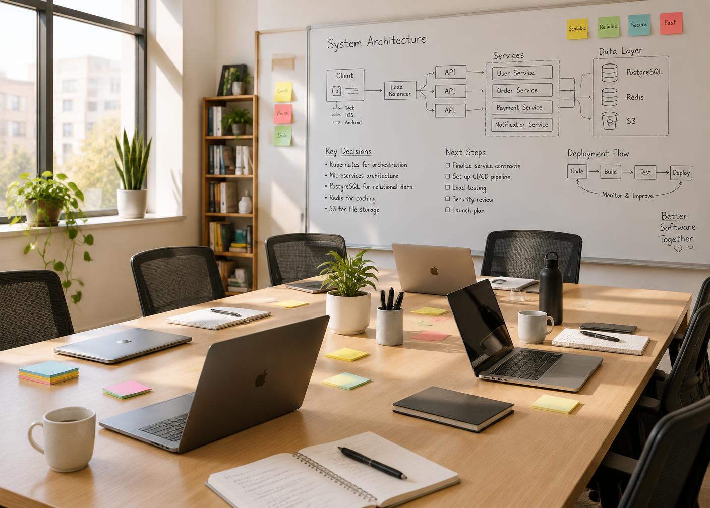 Empty meeting table with laptops in front of a whiteboard showing a system architecture diagram